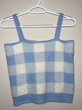 Willow And Wind M Checkerboard Pattern Blue And White Knit Tank Top Fuzzy Soft